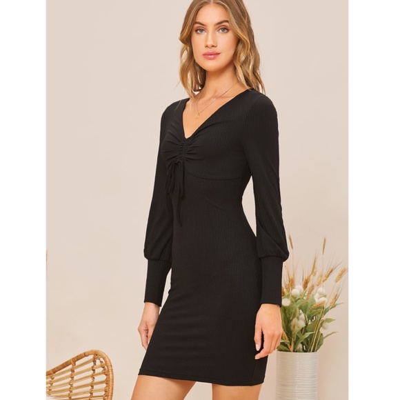 Black Rib Knit Long Sleeve Mini Dress - Picture 2 of 8